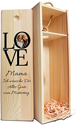 wandmotiv24 Personalisierte Weinkiste aus Holz, 35x11x11 cm, LOVE mit Foto & Wunschtext, Holzbox, Geschenkidee, Schiebedeckel, Geschenk für Frauen, Wein, Muttertagsgeschenk, Holzwolle, Geschenke M0741