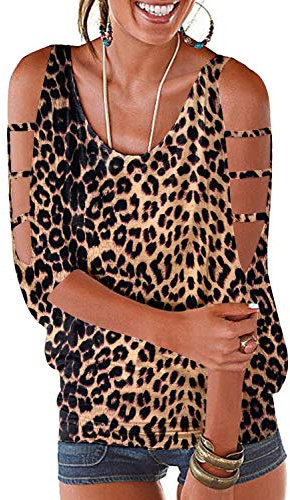 Léopard T Shirt Épaules Dénudées Femme à Manches 3/4 Coton Oversize Tops D'Été Décontractés col Rond et Coupe Ample Haut Été 2025