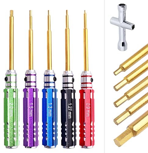 AllinRC Set di cacciaviti esagonali in titanio cacciavite esagonale 0,9 mm 1,27 mm 1,3 mm 1,5 mm 2,0 mm Chiavi esagonali Kit di strumenti chiave a brugola per cingoli assiali SCX24 1/24 e piccole auto