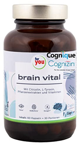 for you brain vital - Brain Booster mit Citicolin (Cognizin®), Cognigue® - Sekundäre Pflanzenstoffe & Ginseng - 60 Konzentrations Kapseln - Vegan, ohne Zusatzstoffe - ohne Koffein für mehr Focus