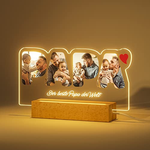 iDIY Personalisierte Geschenke Papa Lampe - Geschenkideen zum Vatertag, LED USB Nachtlicht mit Foto, Geschenke für Papa Tochter Sohn, Fotoalbum aus Glas, Verschiedene Sockel zur Auswahl
