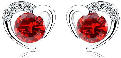 Silver Stud Earrings for Women, Stud Earrings Red Cubic Zirconia Heart Studs│Dainty Earrings Jewellery Gifts for Girls