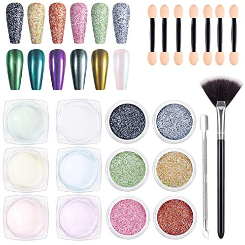 Kiiwah 12 Pcs Chrome Nail Powder Set, Mirror Glitter Effect and Shining Sugar Effect Nail Dust Holographic Nail Powder with Sponge Brush for Nail Art Design Decoration