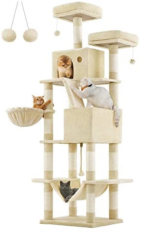 Feandrea Kratzbaum groß, 206 cm hoch, XXL Katzenbaum, mit 13 Kratzsäulen, 2 Plattformen, 2 Höhlen, Korb, Hängematte, Plüschbälle, mehrstöckiger Katzenkratzbaum, beige PCT190M01