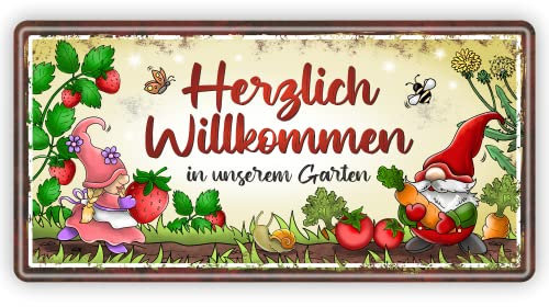 Großes Metallschild rostfrei Blechschild - Herzlich Willkommen in unserem Garten - Schild Türschild mit lustigem Spruch im Vintage Retro Look