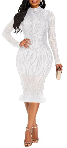 VERWIN Sequins Patchwork Bodycon Dress Women's Long Sleeve Dress Elegant Dress Plume Maxi Dress Party Dress