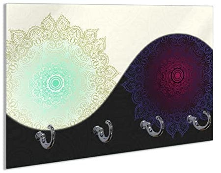 Wallario Schlüsselbrett aus Glas 30 x 20 cm, Wand Schlüsselhalter mit 4 Haken, Motiv: Mandalas - Yin Yang
