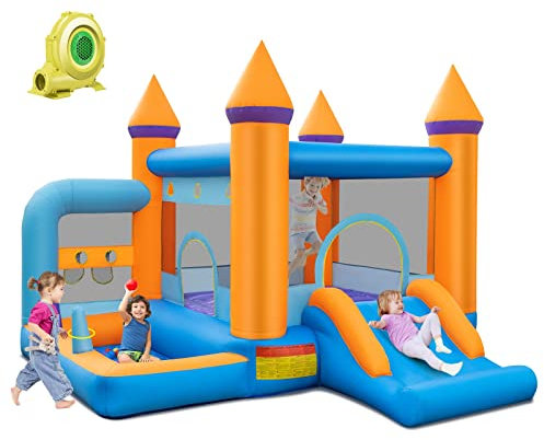 DREAMADE 5-in-1 Aufblasbare Hüpfburg mit Gebläse, Spielburg mit Rutsche & Sprungbereich & Bällebad, 337 x 325 x 256 cm Indoor & Outdoor Hüpfburg Kinder ab 3 Jahre