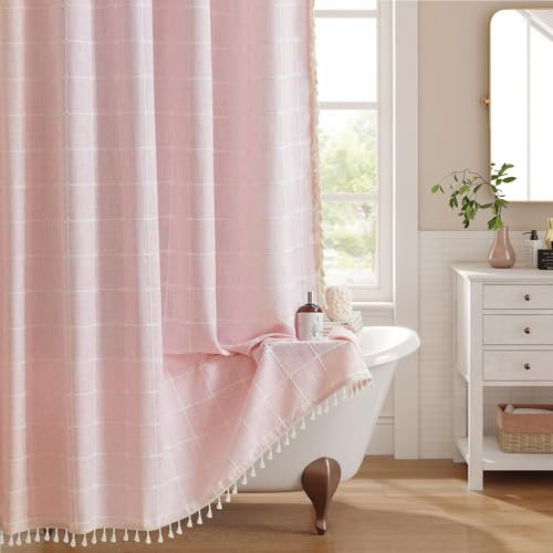 Yuanice Boho Farmhouse Stoff Duschvorhang Stall Größe mit Quasten, rosa kariert, moderne Baumwoll-Leinen-Duschvorhänge, Vintage-Landhaus-Dekor für Badezimmer, beschwertes und ultradickes,