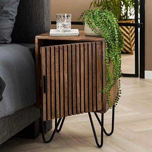 RINGO-Living Massivholz Beistelltisch Bett 2er Set Boni mit Tür, Kleiner Wohnzimmerschrank Vintage Style, Vintage Nacht Tisch Schrank in Dunkelbraun & Schwarz-matt, Rustikaler Nachttisch 2er Set