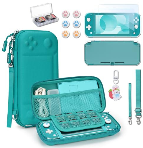 Younik Switch Lite Hülle, 14-in-1 Switch Lite Zubehör mit Switch Lite Tasche, klare Schutzhülle, Spielkartenhülle, 2 Bildschirmschützern, 6 Daumengriffen, Anhänger, Türkise Tragetasche für Switch Lite