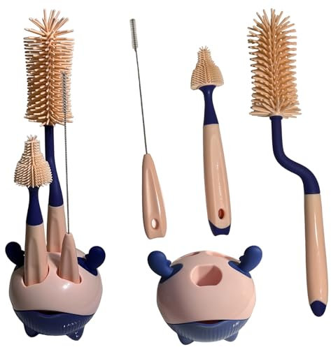 Syiyunran Escobilla Limpiar para Biberones Set - 3 En 1 Escobilla De Silicona Y PláStico con Cepillo Suave para Tetinas Limpiador Pajitas Soporte Almacenamiento para Cualquier Forma Biberón