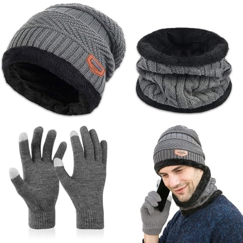 Udbrud Wintermütze Herren Damen und Schlauchschal Touchscreen Handschuhe Set 3 in 1 Winter Warme Beanie Mütze Schal Set Männer Frauen Winterhandschuhe für Männer und Frauen