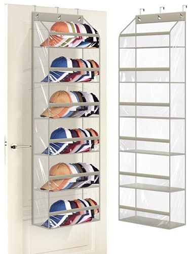 AOODA Durchsichtige Hutablage für Baseballkappen, groß, für bis zu 72 Kappen, Hutaufbewahrung, Organizer für Schrankwand, tiefe Taschen, hängende Huthalter, Regale mit 3 Haken, Grau