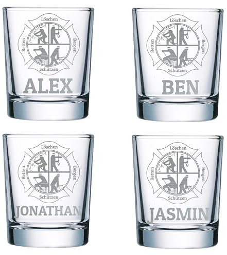 elbedruck 4er Set Schnapsgläser 40ml mit persönlicher Gravur für Feuerwehr | Wunschtext Gravur | Shotgläser (Bergen Schützen Retten Löschen)