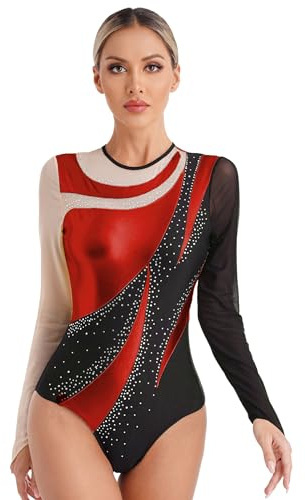 Oyolan Damen Glitzer Ballettanzug Langarm Turnanzug Leotard Body Ballett mit Strass Eiskunstlauf Tanzbekleidung