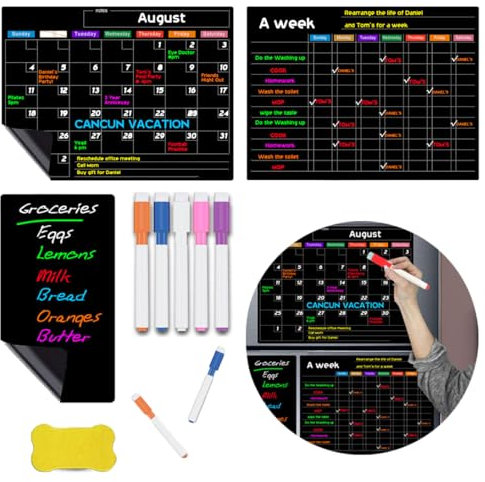 Koonafy Magnetic Dry Erase Menu Board for Fridge 16 x 12, Chalkboard Calendar Blackboard Monthly & Weekly & Grocery List Planner for Kitchen Refrigerators, 5 Liquid Chalk Markers & 1 Era (Fridge)