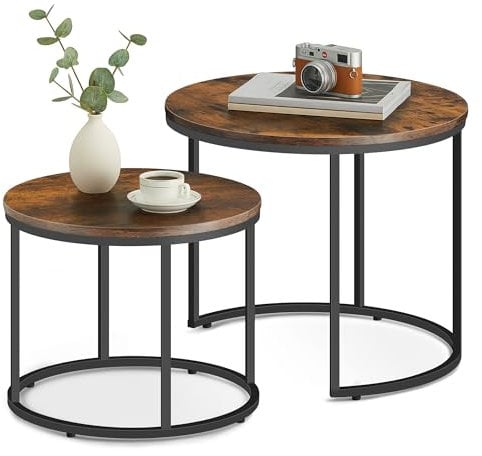 Home Collective Couchtisch 2er Set Rund Beistelltisch Loft Design 2 in 1 Verschachtelung Kratzfeste Oberfläche, Wohnzimmer | 53cm und 43cm Breit Rustikal-Eiche mit schwarzen Beinen