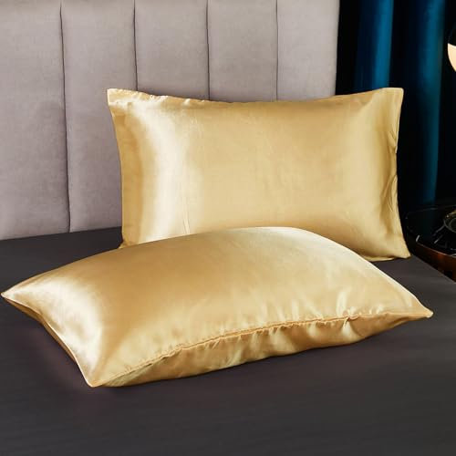 Freyamy Satin Kissenbezug 40x80cm 2er Set Gold Uni Seidig Glatt Luxus Kopfkissenbezug Unifarben Seide Glänzend Kissenhülle Sommer Kühlender Kissenbezüge mit Reißverschluss