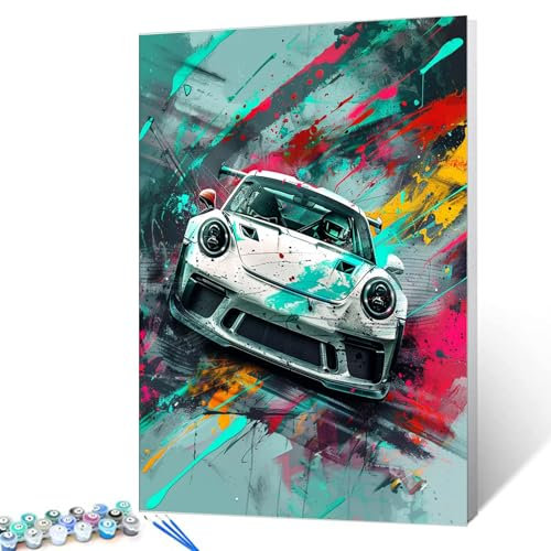 Tucocoo Hermosa pintura por números para adultos, kit de pintura al óleo Porsche blanco sobre lienzo con pinceles y pigmento acrílico, estilo graffiti colorido para decoración del hogar, 16 x 20