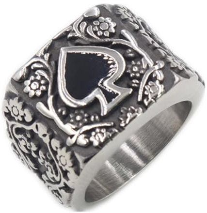 PAMTIER Herren Vintage Ace of Spades Edelstahl Ring Poker Card Ring Quadrat geschnitzt Blume Biker Band Schwarz Größe 70 (22.3)