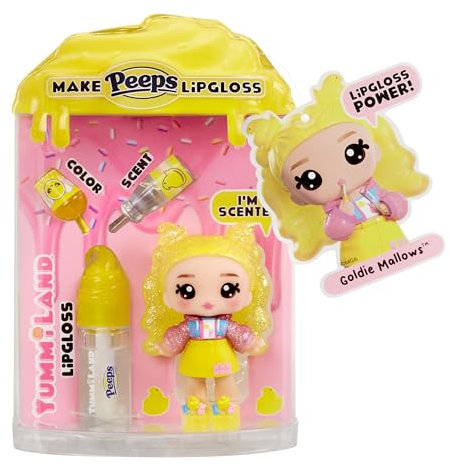 Yummiland x PEEPS Lip Gloss Doll- Goldie Mallows - Enthält 1 Puppe mit Mode zum Gestalten und Lipgloss-Set mit Einzigartiger Farbe, Duft und Klarer Basis, für Kinder ab 4 Jahren