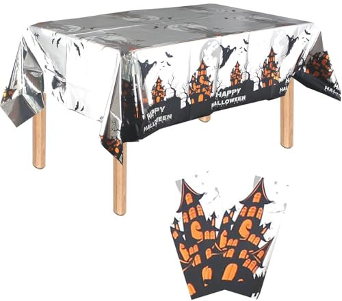 2 Stück Halloween Dekoration Tischdecke,Halloween-Spukhaus Tischdecke,Rechteckige wasserdichte Halloween Tischdecke,Silber Halloween Foil tablecloth für Drinnen Draußen Halloween Party Deko