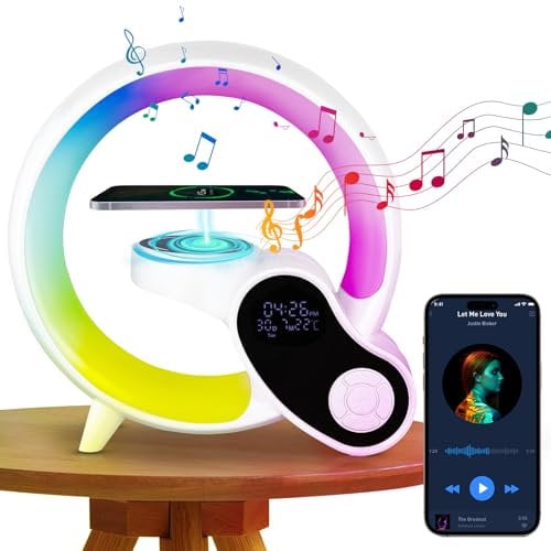 LED Table Lamp with Wireless Charger, Dimmable Night Light with 15W Wireless Charger, Bedside Lamps with USB Port, Bluetooth Speaker, Alarm Clock, RGB Color Changing Night Light for Home Bedroom Dorm