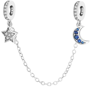 GOUWO Sicherheitskette mit Stern und Mond 925er Silber Charms für Armbänder und Halsketten passend für Pandora Armbänder Geburtstag Halloween Muttertag Valentinstag Geschenke für Frauen Mutter