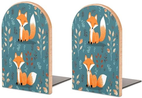 Serre-livres robustes en bois avec imprimé renard de dessin animé, serre-livres décoratifs, serre-livres antidérapants pour étagères (1 paire)