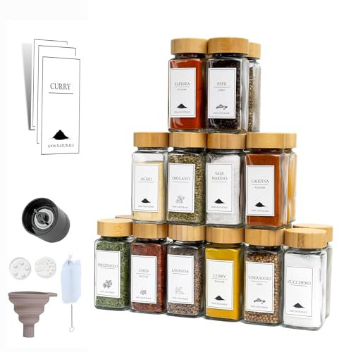 COMFORDER Barattoli Spezie Quadrati 24 Pezzi, Barattoli Spezie con Etichette Italiano, Setaccio e Imbuto, Porta Spezie Cucina Assortiti e Quadrati con Coperchio in Bambù, 120 ml