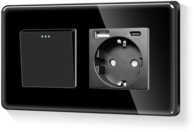 LIAONFOY Runde Schuko 1Wege Lichtschalter Glas panel Ein Aus Schalter mit 20W Wandsteckdose A+C Glasrahmen Unterputz Steckdose Weiße Wandsteckdose Schwarz 110-250V 157mm (Neutrale erforderlich)