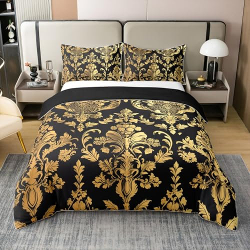 Loussiesd Gold Schwarz Vintage Floral 100% Baumwolle Bettwäsche Set 135x200cm Gotik Bohemia Boho Blume Betten Set für Oriental Antik Bettbezug Set Luxus Bettwäsche-Set