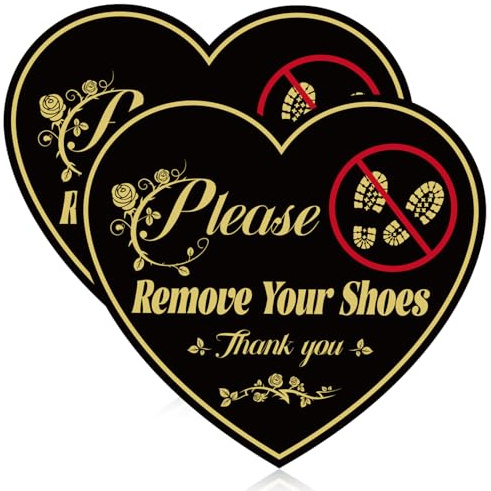 2pcs Please Remove your Shoes Sign, 5.9x5.39in Heart Shape No Shoes Sign Self-Adhesive Signage Stick Waterproof Take Your Shoes Off Sign for Home House Door