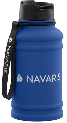 Navaris Stainless Steel Water Bottle - 1.3 Litre (44 fl oz) Capacity Jug - Large Metal Drink Bottle for Sports or Camping - Gym Canteen for Drinks - Hydrate on the Go - Blue
