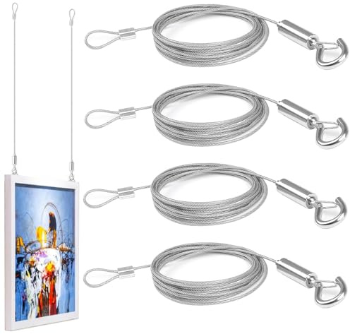 Tkxjry 4Stück Draht mit Haken, Einstellbar Stahlseil, Edelstahl Drahtseil Aufhängung, Edelstahl Drahtseil, Drahtseil, 2m x 1.5mm Draht Seil, Draht Seil Einstellbar 30Kg, für Gardinen Bilder Aufhängen