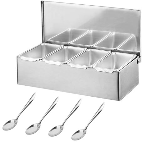 Tokenhigh Zutatenbehälter Pizza, Edelstahl Gastronomie Zubehör, 4 Gitter Gewürzbox Beilagenbehälter, Barbehälter mit Deckelel, Condiment Holder Bar, Outdoor Küche Zubehör Behälter (30 * 14 * 8 CM)