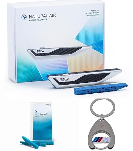 BMW Innenraumduft Set Natural Air Starter + Refill Mountain View + Schlüsselanhänger Einkaufschip Geschenkset Fan Geschenkidee