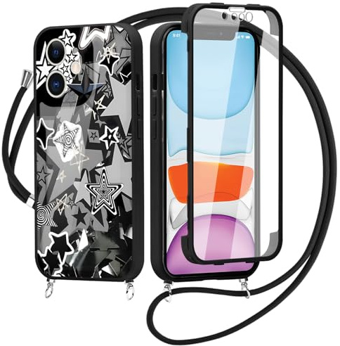 Yirlbey Handyband für iPhone 11 360 Grad Hülle mit Band 6,1'', Aesthetic Sterne Motiv Design Transparent Silikon Necklace Handyhülle für zum Umhängen Stoßfest Schutzhülle mit Displayschutz, Schwarz