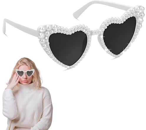 Herz Sonnenbrille Perle,Herz Sonnenbrille Partybrille,HerzBrillen Hochzeit,Retro Herzbrille mit Weißen,Perlen-Design,Sonnenbrille Hochzeit,Herzbrillen für Hochzeit, JGA, Geburtstag, Karneval uvm.