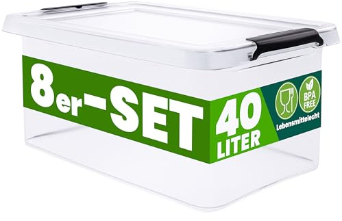 Deuba® 8x Boîte de rangement 40L en plastique transparent empilable sans BPA gain de place caisse de rangement organiseur