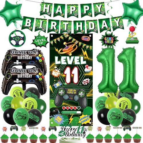 11th Birthday Decorations Video Game - 45 Pcs Green Gaming Birthday Decorations Including Banner, Number 11 Foil Balloon, Backdrop and Cake Toppers for 11 Years Old Party Supplies