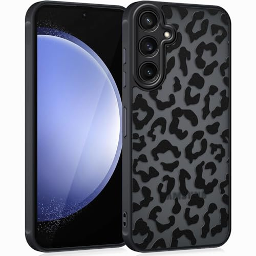 Coqinen Handyhülle für Samsung Galaxy S23 FE Hülle, Matt Transluzente Case mit Stilvolle Leopard Muster, Silikon Aesthetic Schutzhülle mit Kratzfeste PC Rückseite + Stoßfest TPU Bumper - Schwarz