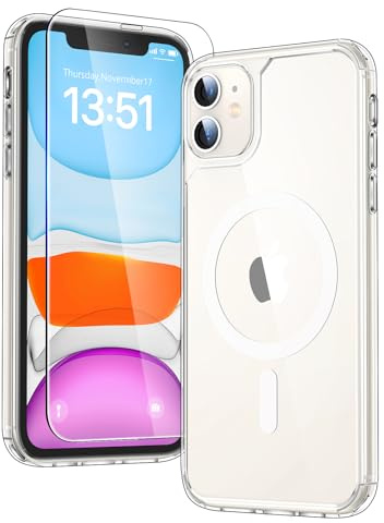 TAURI für iPhone 11 Hülle 6,1 mit Schutzfolie - Durchsichtig | Kompatibel mit MagSafe, Schutz nach Militärstandard, [Anti-Vergilbung] Stoßfest Magnetisch Handyhülle