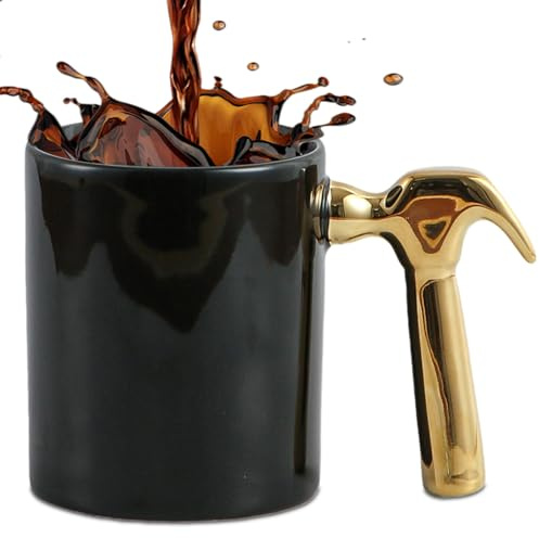ZONSUSE Hammer Handle Mug, Novelty Tool Style Coffee Cup, Creative Office Ceramic Mug, Unique Novelty Gift for Him, Dad, Boyfriend, DIY Lovers & Builders Craftsmen 350ml (Gold-Hammer)