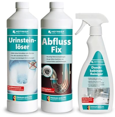 HOTREGA Reiniger-Set | Urinsteinlöser 1L + Abfluss Fix 1L + Dusche 500ml | Kraftvoll gegen Kalk, Haare, Seifenreste, Rost | Für WC, Glas, Kunststoff & Keramik | Mit Lotuseffekt-Schutzschild