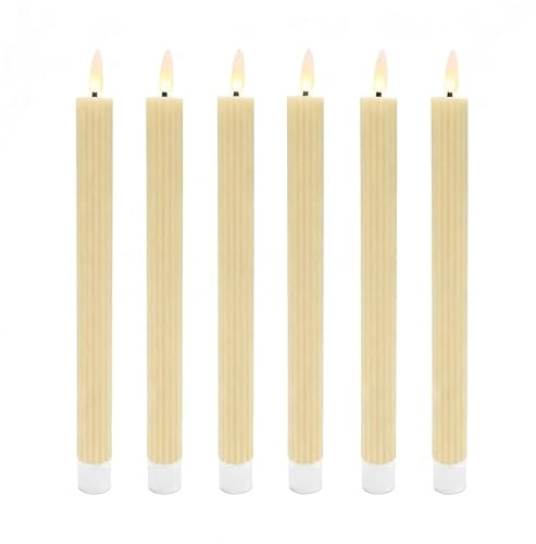 Relaxdays LED Stabkerzen, 6er Set, HxD: 25 x 2 cm, flackernde Flamme, Echtwachs, mit Rillen, flammenlose Kerzen, beige