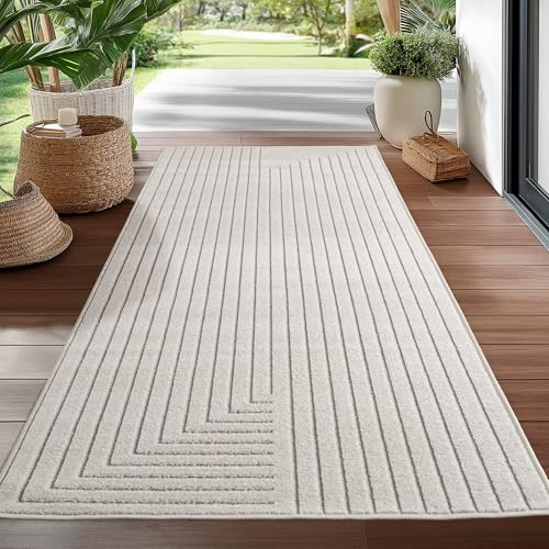 KADIMA DESIGN Outdoor Teppich Skandinavischer 3D-Design Wetterfest UV-Beständig Waschbar Strapazierfähig Langlebig Creme 80x150 cm Terrasse Balkon Fußbodenheizung geeignet | ENGADIN
