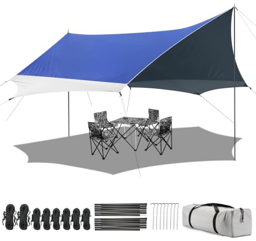 Camping Tarp mit 2 Stangen, 3.7 x 4.3 m Tarp Wasserdicht PU2000+, UPF 50+, Silberbeschichtung, Zeltplane mit Ösen für Camping, Backpacking, Wandern