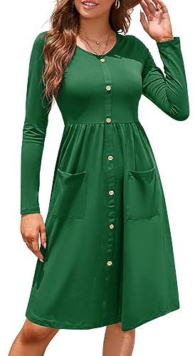 OUGES Women's Long Sleeve Dress V Neck Casual Button Down Midi Ladies Dresses with Pockets(Green,L)